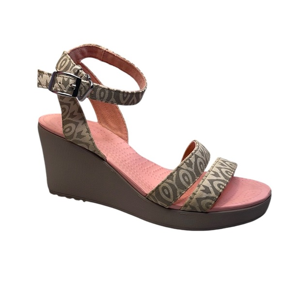CROCS Shoes - Crocs Shoes Women's Size 8W Brown Beige Wedge Slingback Ankle Strap Sandals